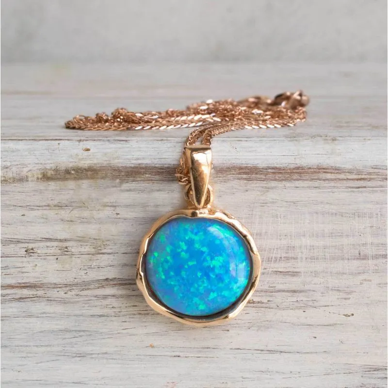 14K Rose Gold Round Blue Opal 12mm Pendant