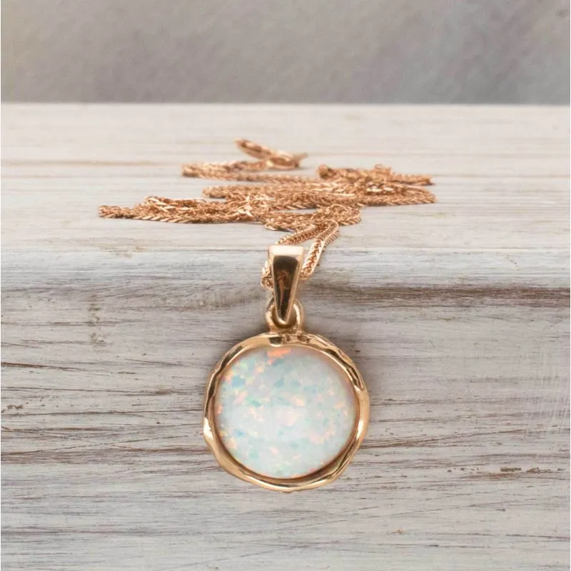 14K Rose Gold Round White Opal 12mm Pendant