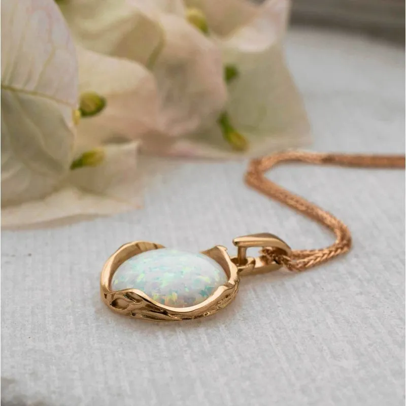 14K Rose Gold Round White Opal 12mm Pendant