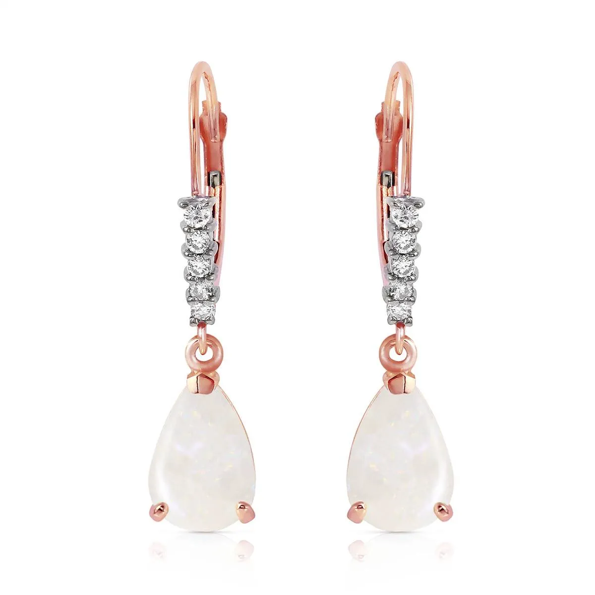 14K Solid Rose Gold Leverback Earrings w/ Natural Diamonds & Opals