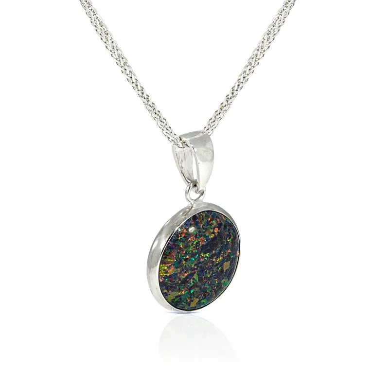 14K White Gold Round Black Opal 12mm Pendant