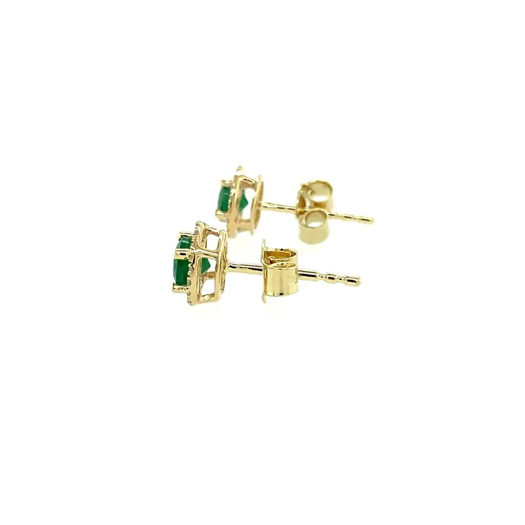 14K Yellow Gold 0.55ctw Round Emerald & Diamond Halo Stud Earrings