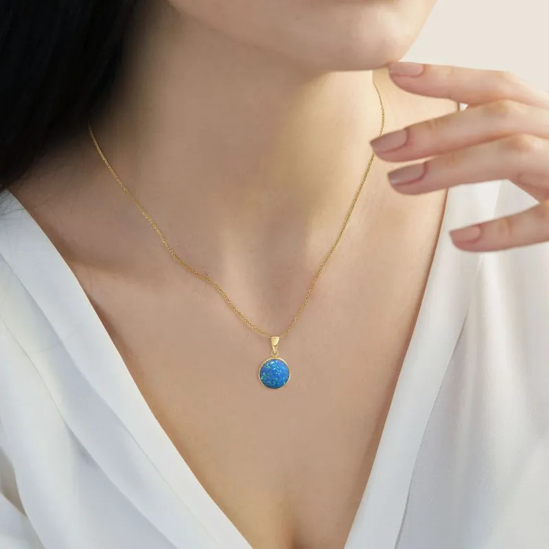 14K Yellow Gold Round Blue Opal 12mm Pendant