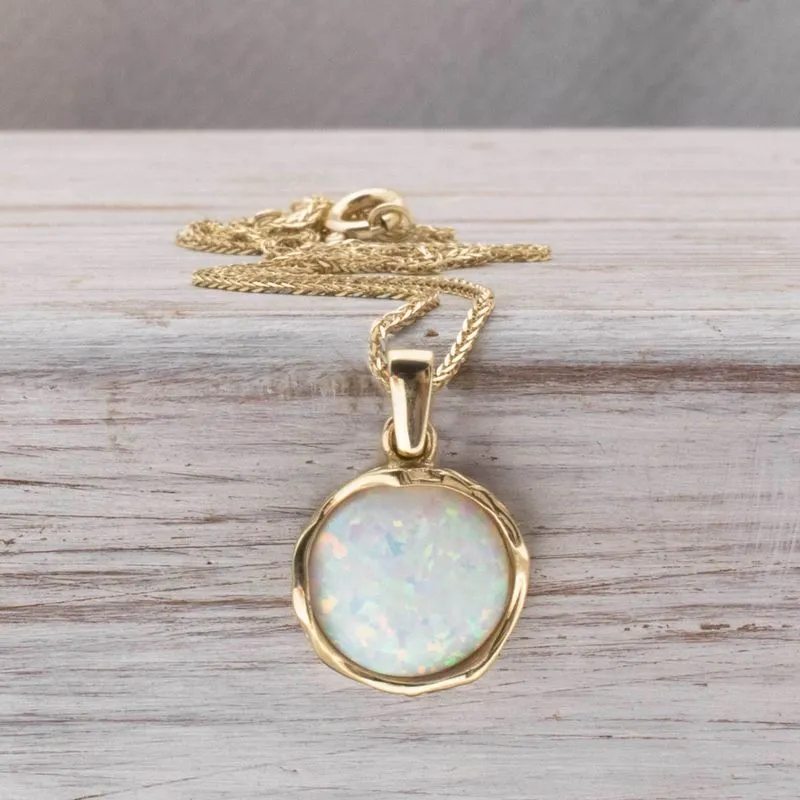 14K Yellow Gold Round White Opal 12mm Pendant