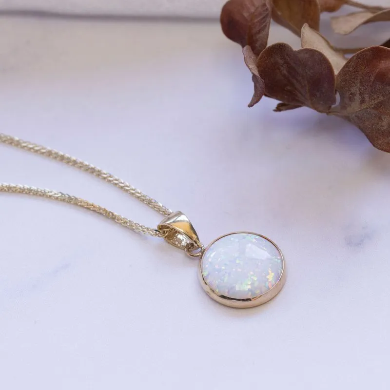 14K Yellow Gold Round White Opal 12mm Pendant