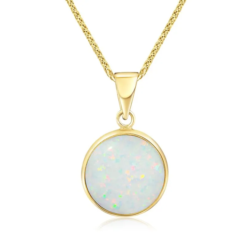 14K Yellow Gold Round White Opal 12mm Pendant