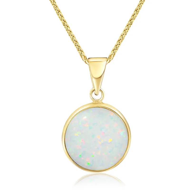 14K Yellow Gold Round White Opal 12mm Pendant