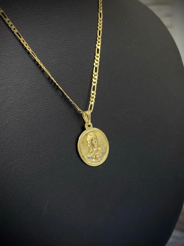 16x14mm Jesus Christ Pendant Necklace Figaro Chain Unisex 14K Gold Filled