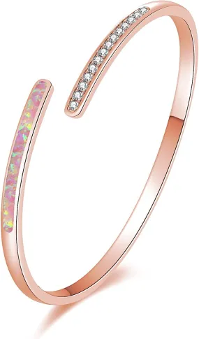 18K Rose Gold Opal & Cz Cuff Bangle Bracelet