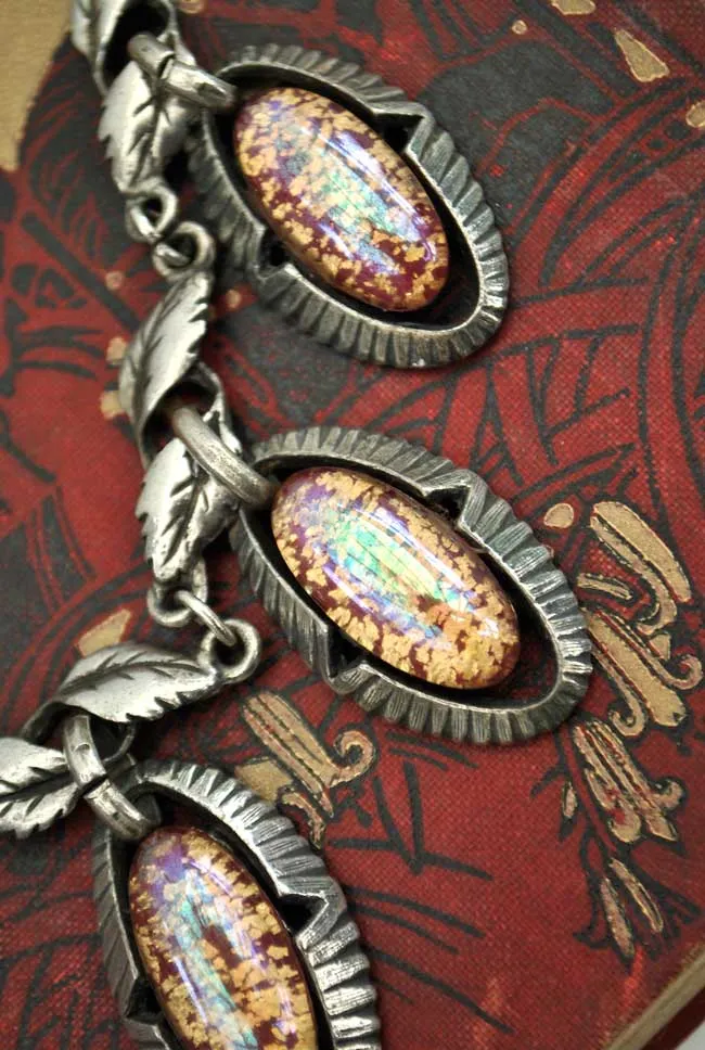 1940s Vintage Foil Opal Glass Pendant Necklace with Leaf Chain • Dragon's Eye