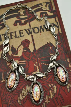 1940s Vintage Foil Opal Glass Pendant Necklace with Leaf Chain • Dragon's Eye