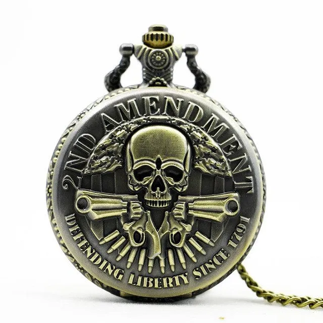 2ND AMENDMENT BRONZE QUARTZ POCKET WATCH WITH NECKLACE CHAIN