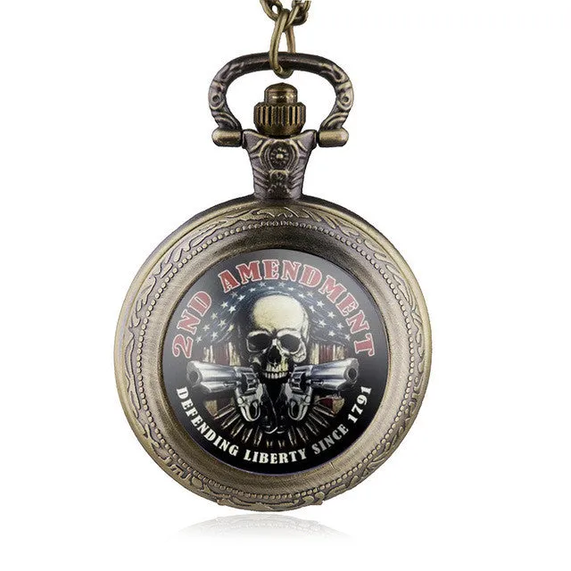 2ND AMENDMENT BRONZE QUARTZ POCKET WATCH WITH NECKLACE CHAIN