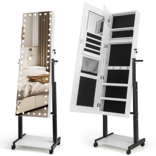 3-Color 46 LED Lights Mirror Jewelry Cabinet Armoire Adjustable Height with Wheels-White