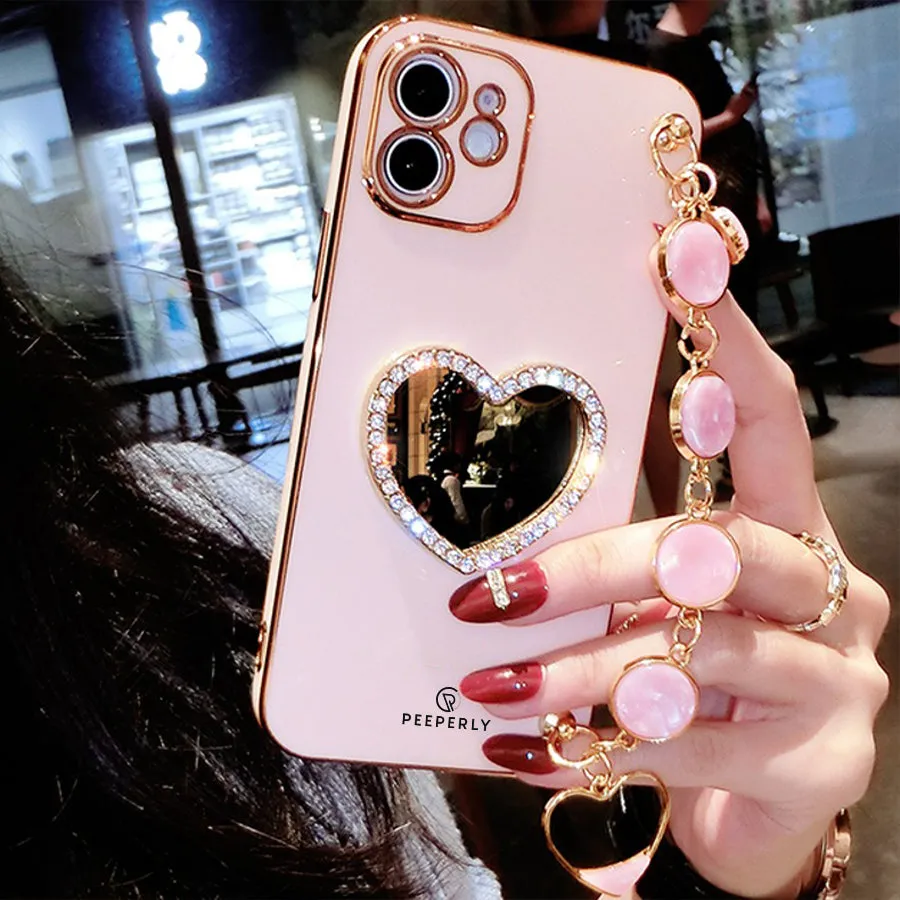 3D Rhinestone Mirror Heart Case With Bracelet