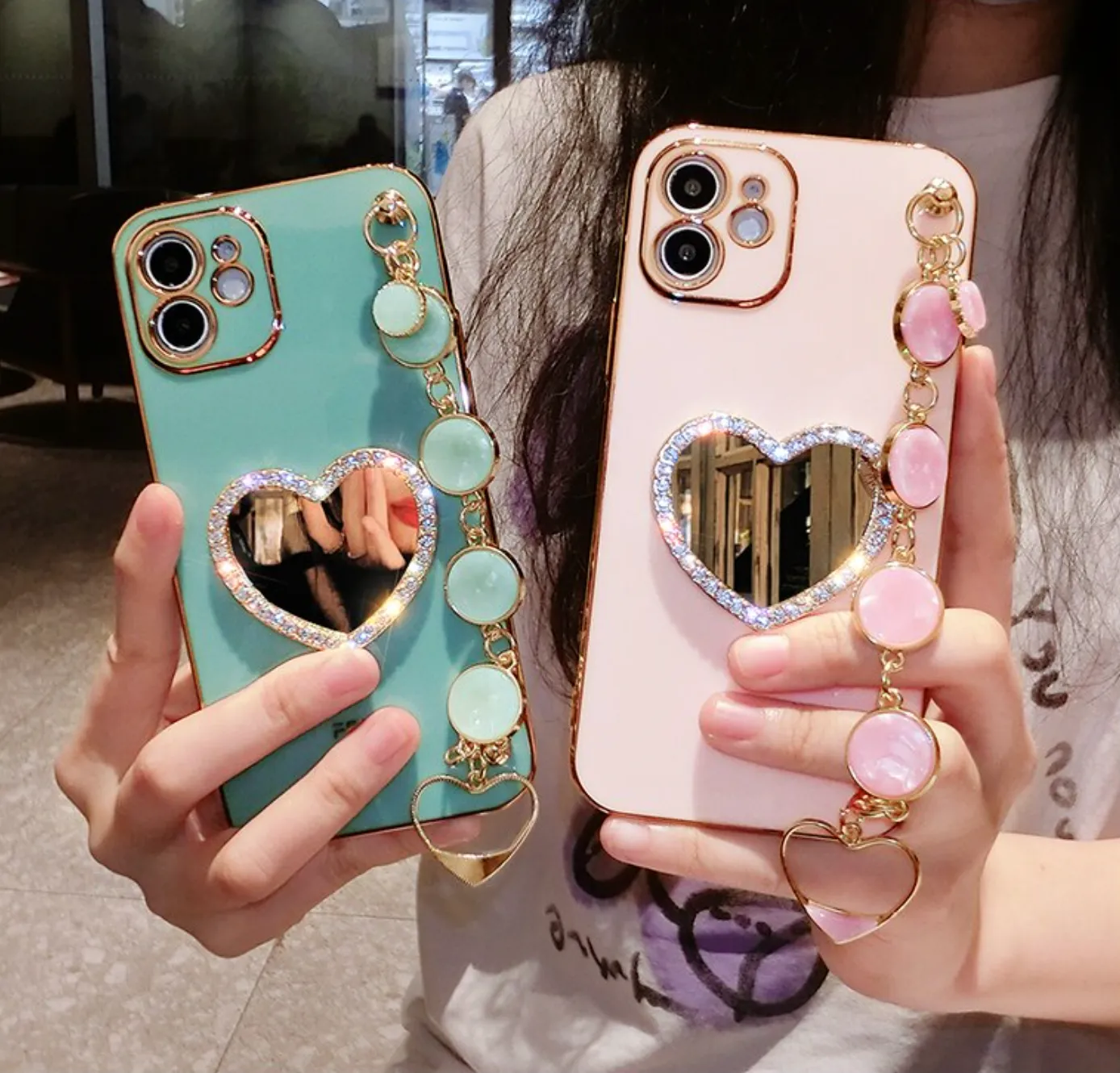 3D Rhinestone Mirror Heart Case With Bracelet