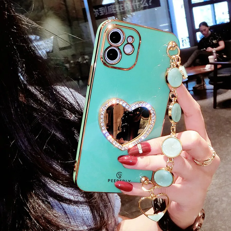 3D Rhinestone Mirror Heart Case With Bracelet