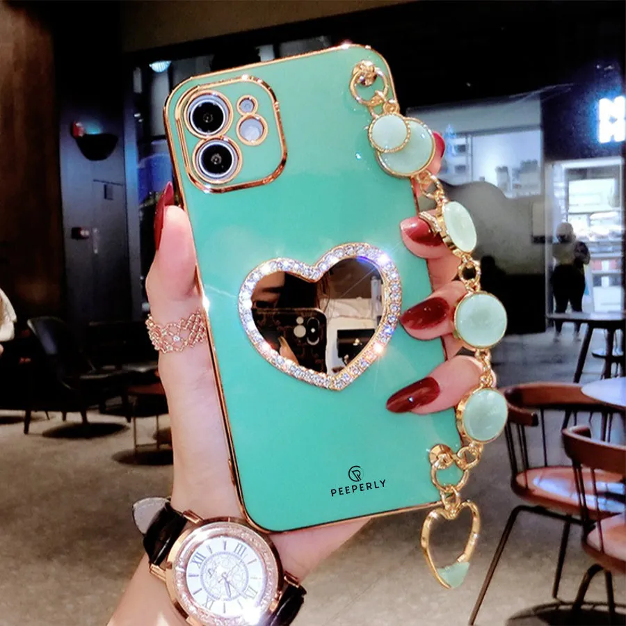 3D Rhinestone Mirror Heart Case With Bracelet