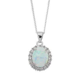 45cm October Birthstone Sterling Silver Oval Synthetic Opal and Cubic Zirconia Necklace