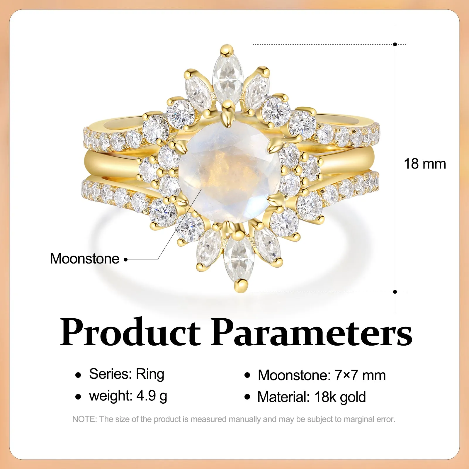 4FunGift® 18K Gold Natural Moonstone Ring