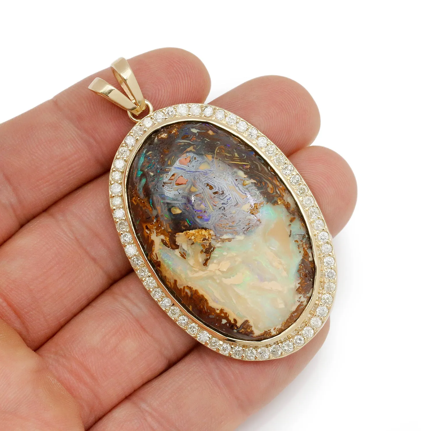 69.10ct Australian Boulder Opal Halo Pendant with Diamonds Yellow Gold