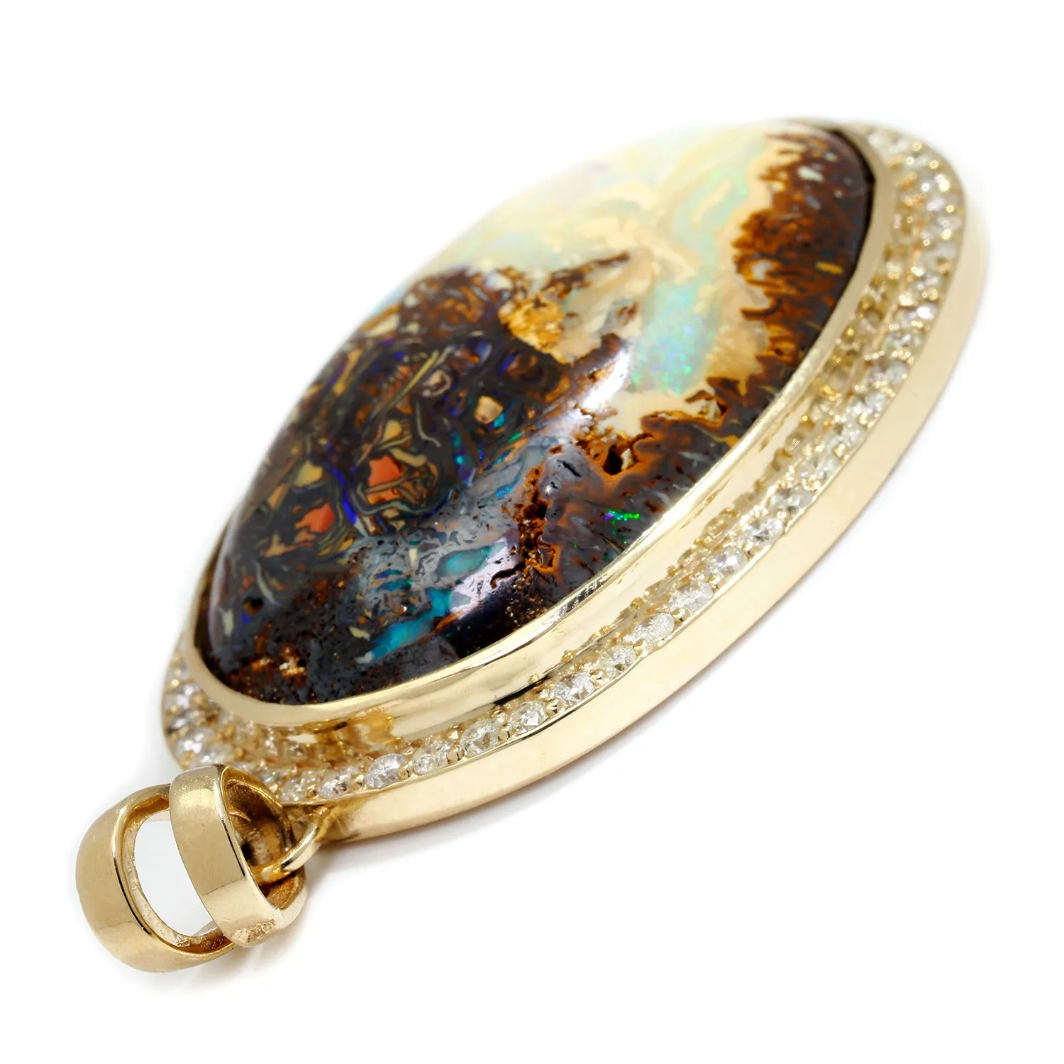 69.10ct Australian Boulder Opal Halo Pendant with Diamonds Yellow Gold