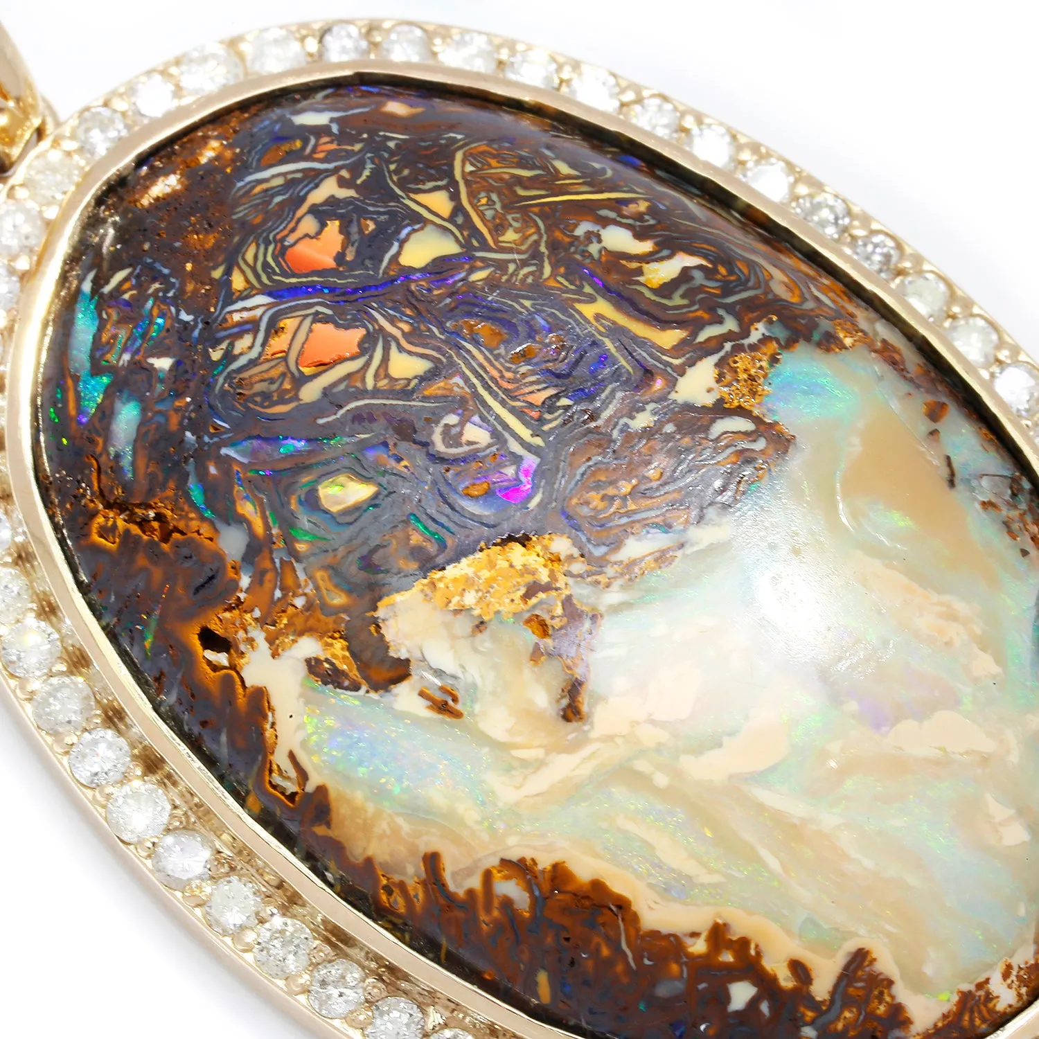 69.10ct Australian Boulder Opal Halo Pendant with Diamonds Yellow Gold