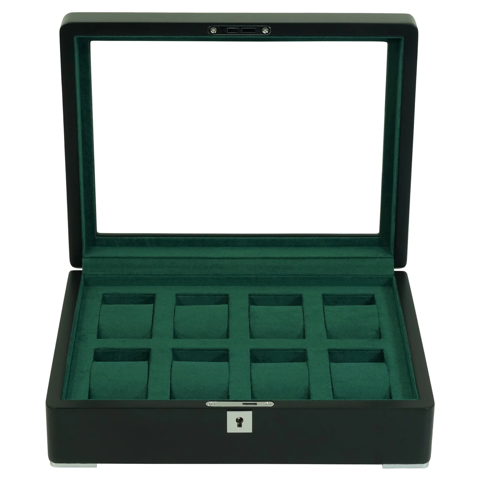 8 Slot Black Wooden Watch Box with Green Interior