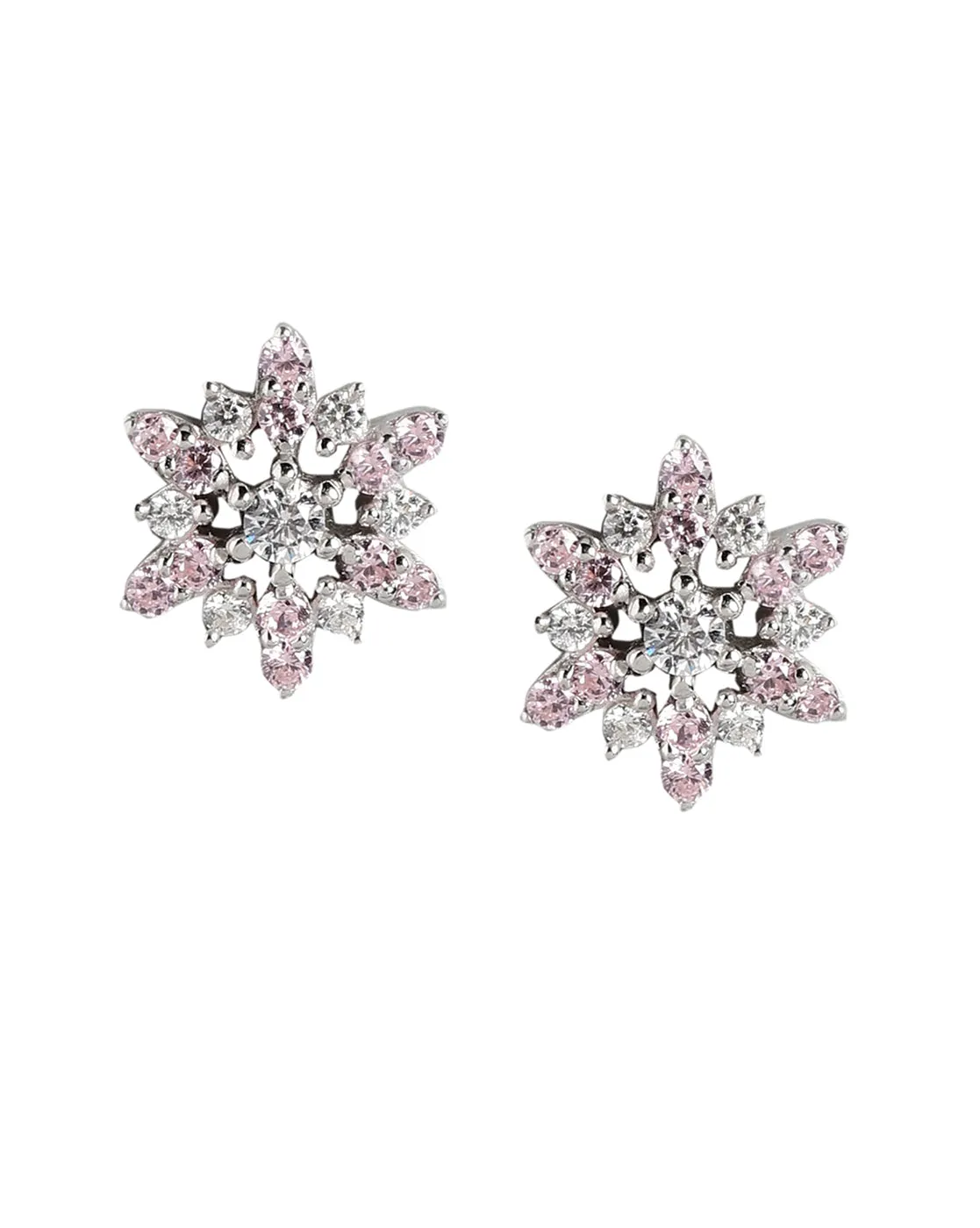 925 Sterling Silver Pink Zirconia With Rhodium Plated Floral Stud Earring