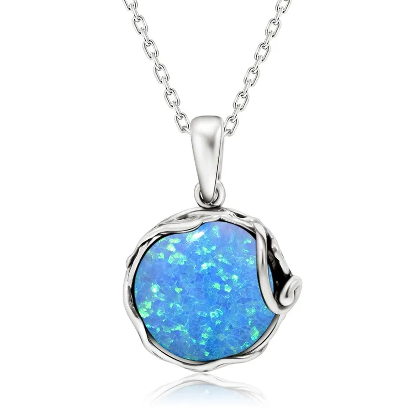 925 Sterling Silver Round Blue Opal 14mm Pendant