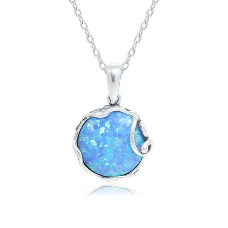 925 Sterling Silver Round Blue Opal 14mm Pendant