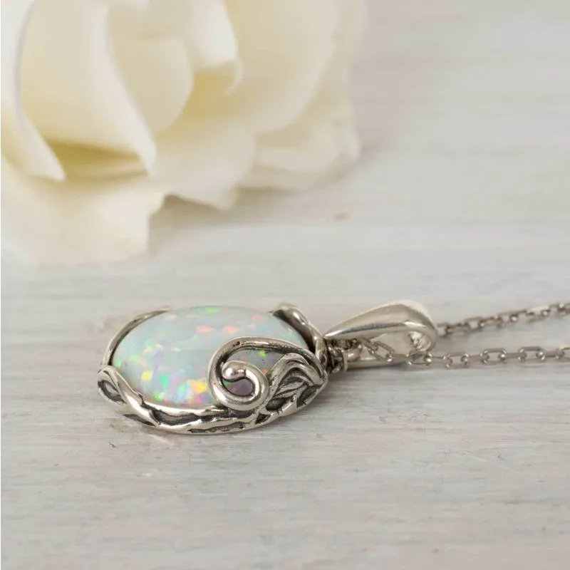 925 Sterling Silver Round White Opal 14mm Pendant