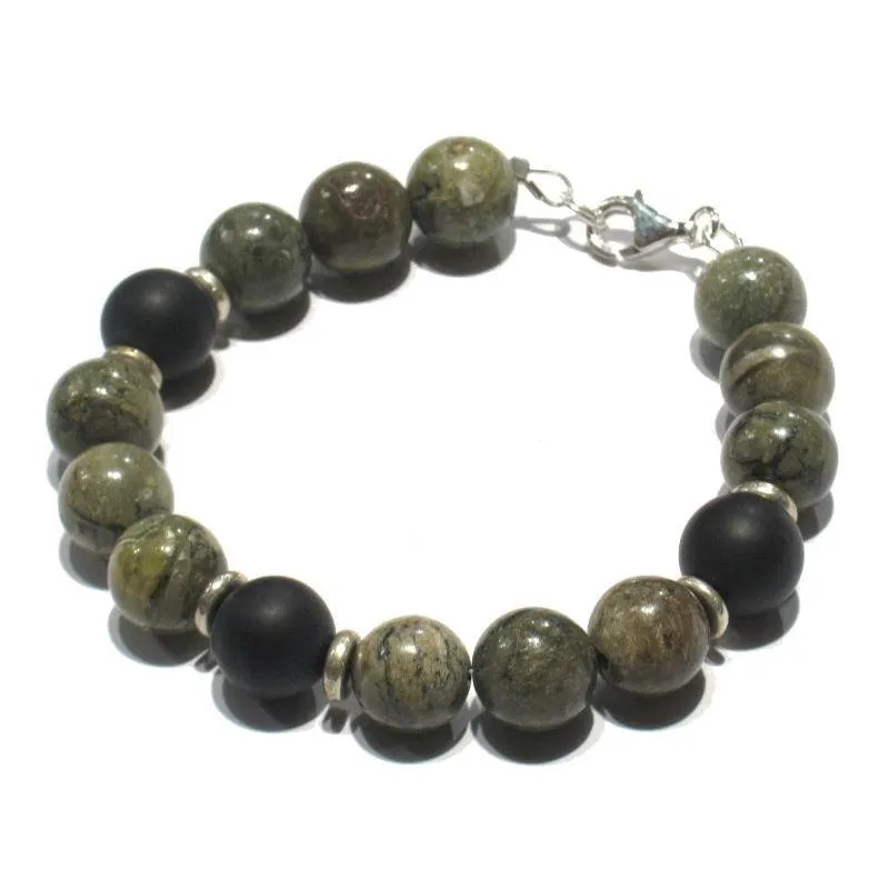 African Green Opal and Matte Onyx Bracelet with Sterling Silver Trigger Clasp