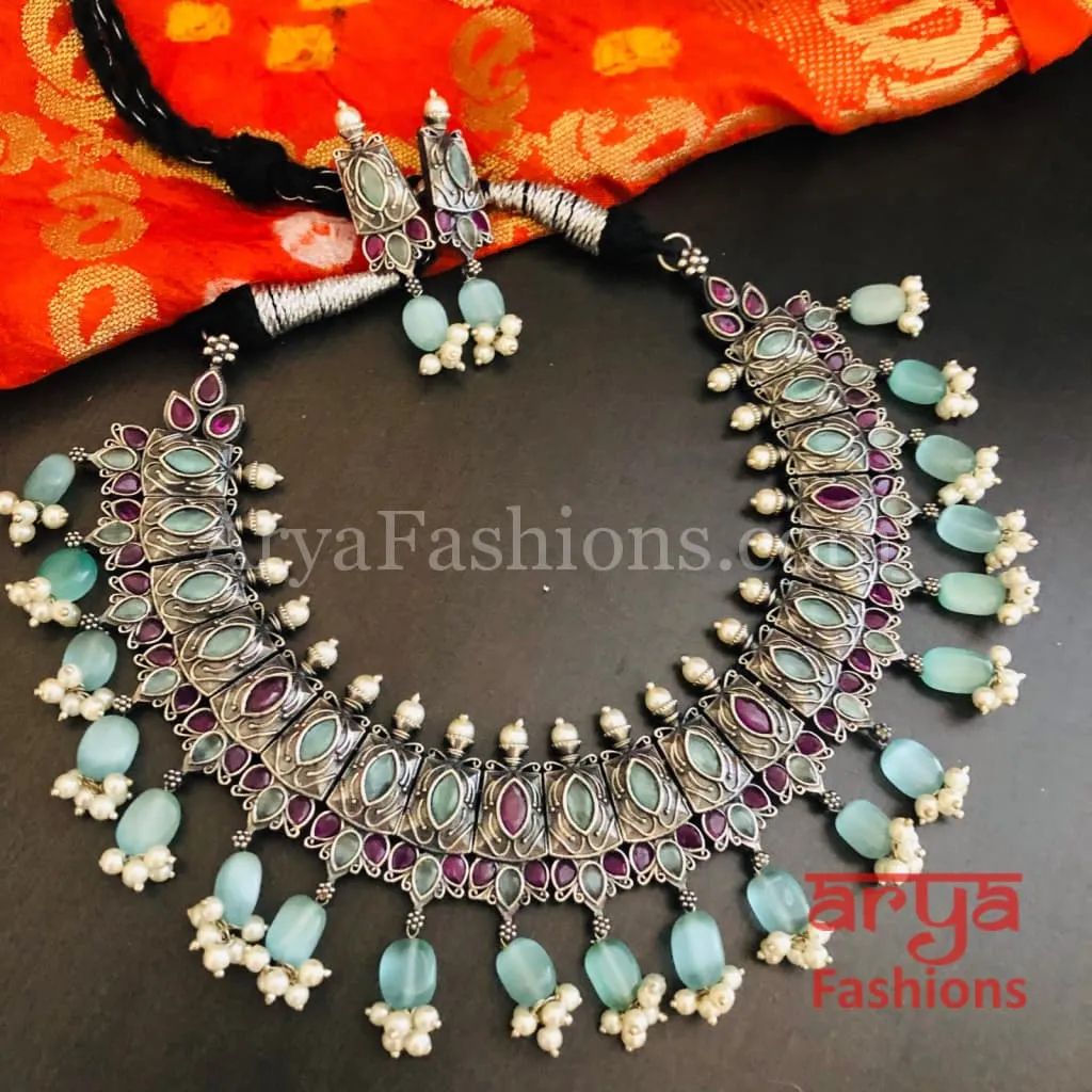 Amishi Oxidized Silver Jaipuri Tribal Necklace with Multicolor beads