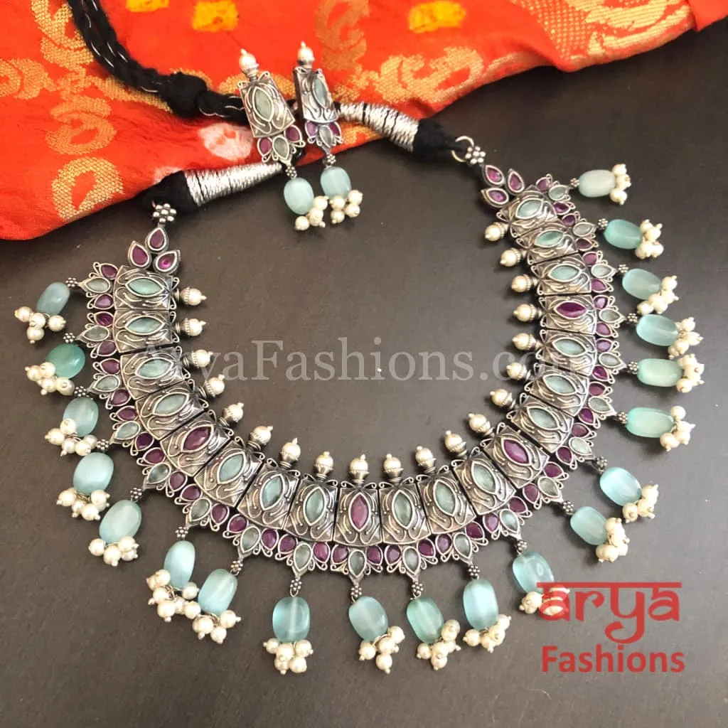 Amishi Oxidized Silver Jaipuri Tribal Necklace with Multicolor beads