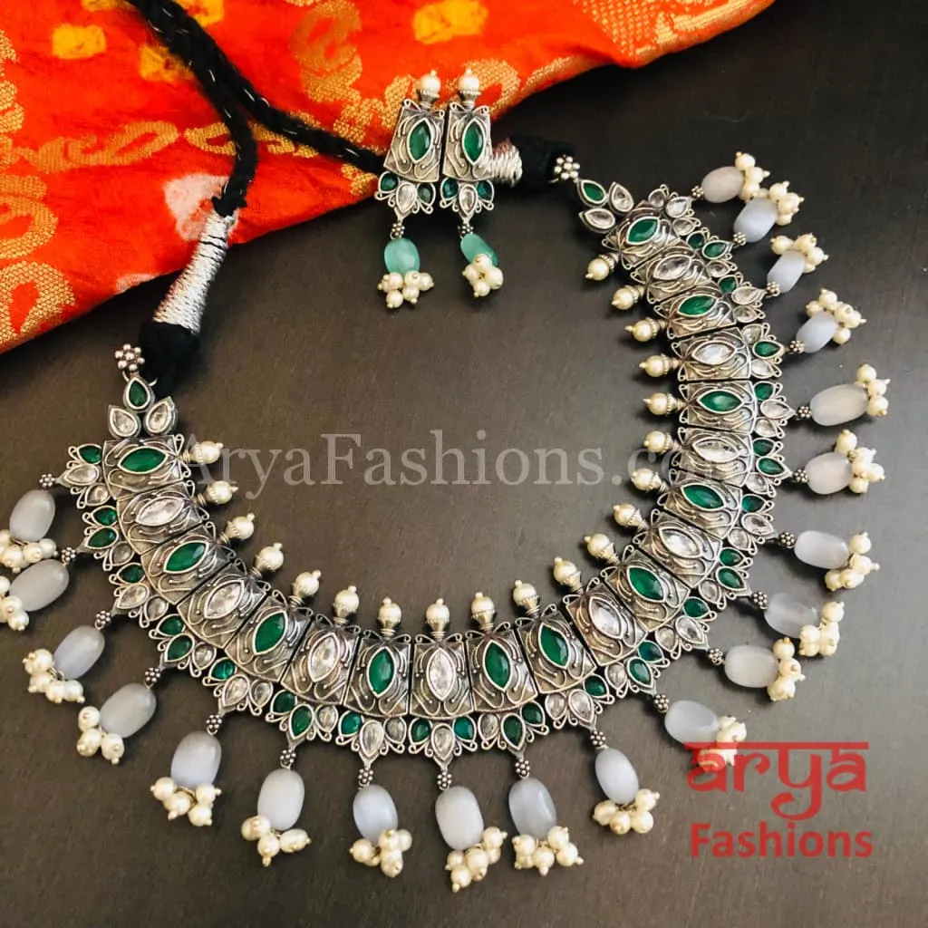 Amishi Oxidized Silver Jaipuri Tribal Necklace with Multicolor beads