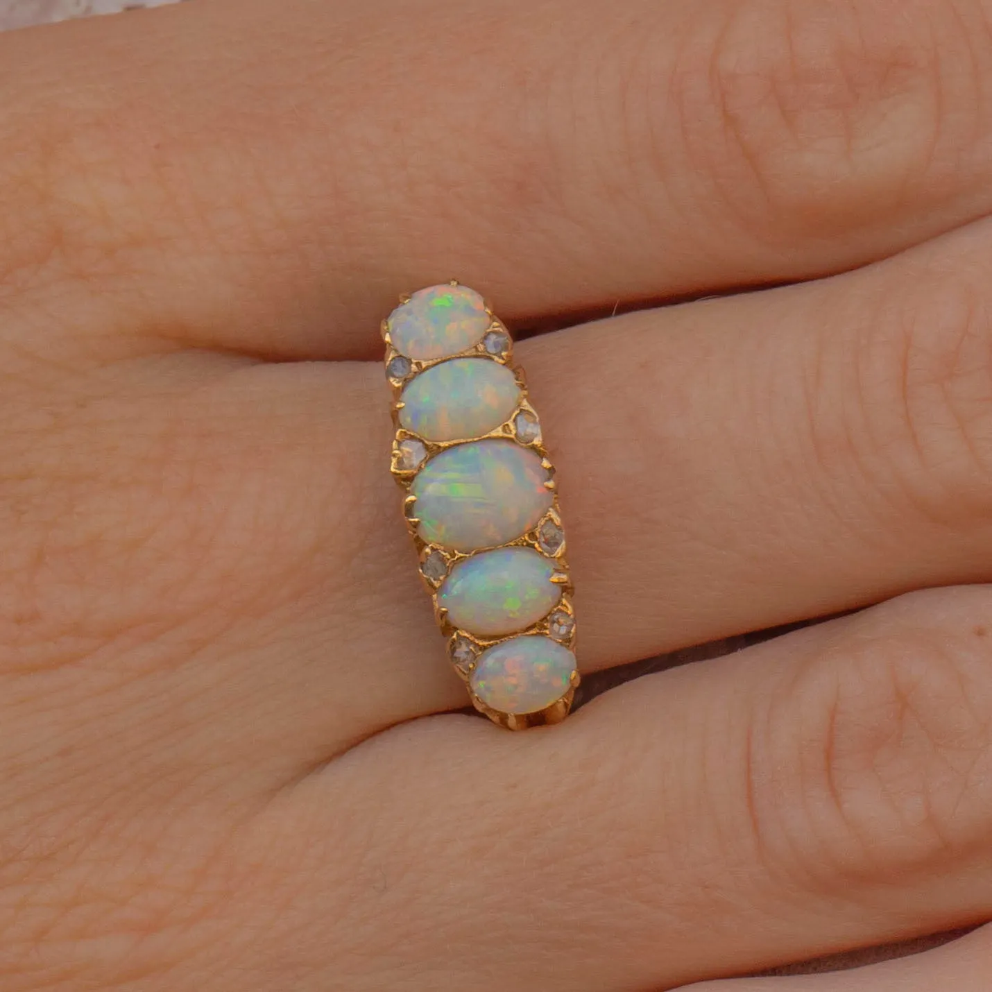 Antique 18ct Gold Opal Diamond Five Stone Ring