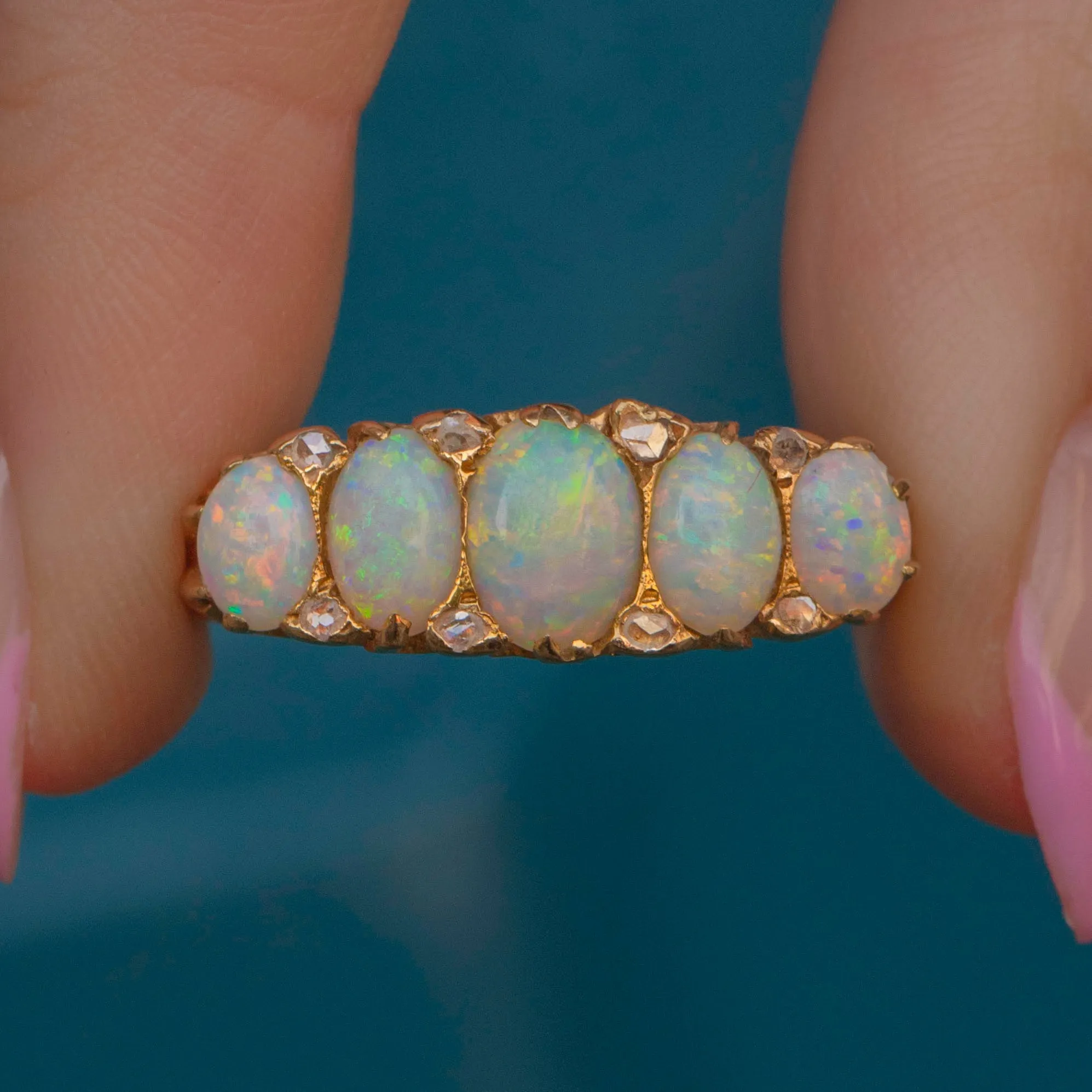 Antique 18ct Gold Opal Diamond Five Stone Ring