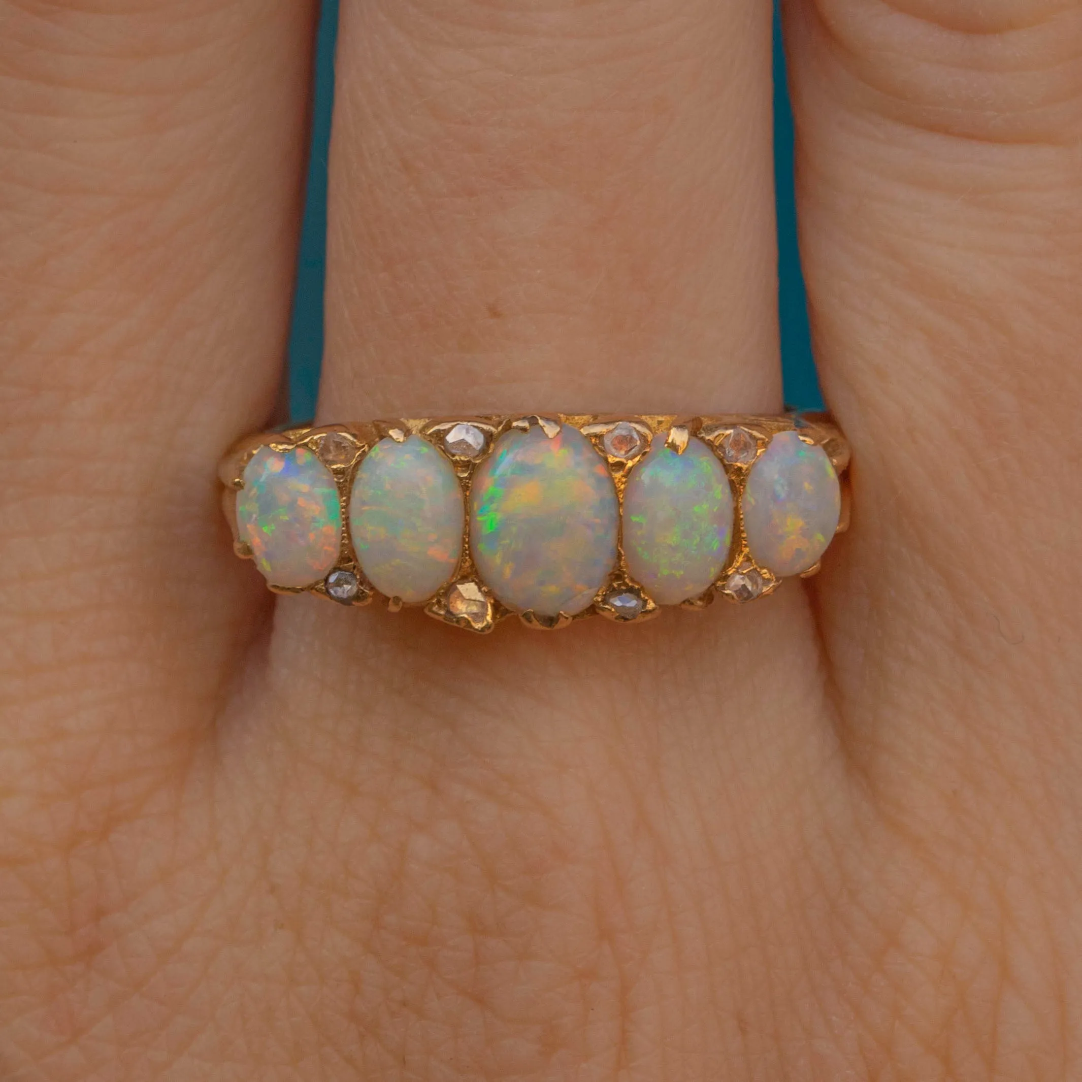 Antique 18ct Gold Opal Diamond Five Stone Ring