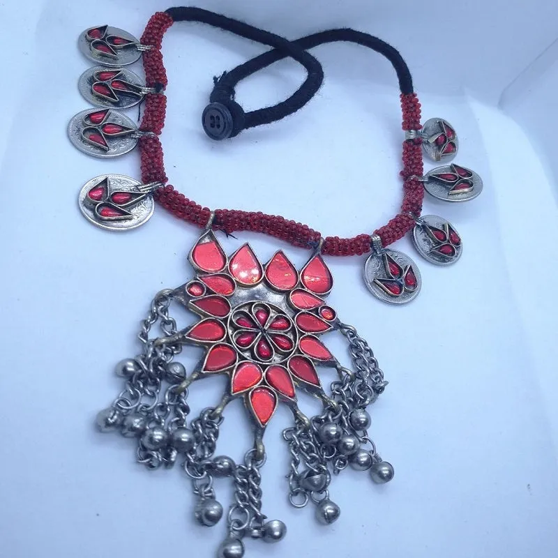 Antique Green Or Red Stones Kuchi Necklace