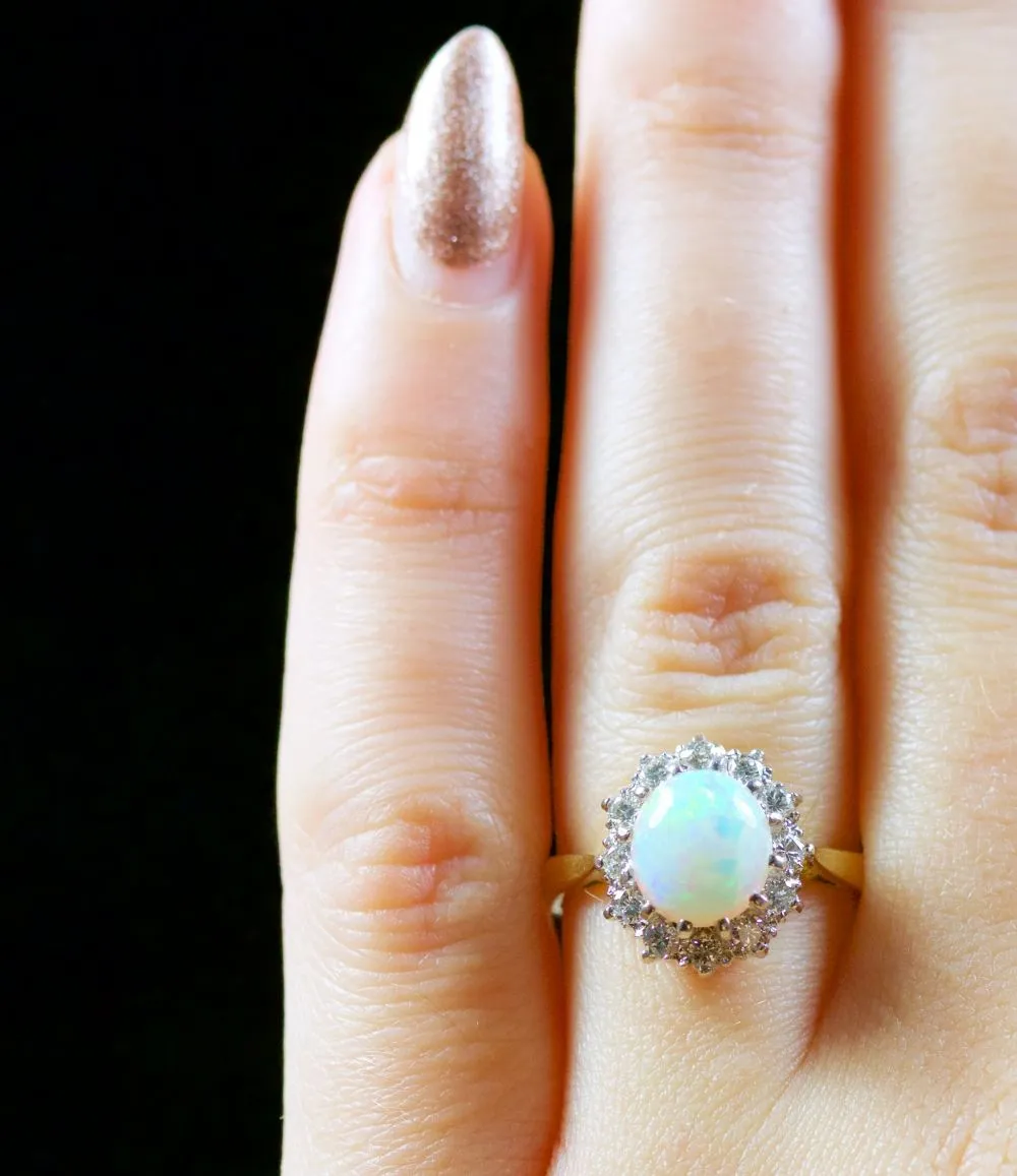 Antique Victorian 2Ct Opal Diamond Ring 18Ct Gold Engagement Ring Circa 1900