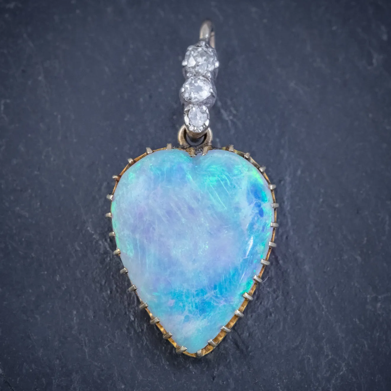 Antique Victorian 8Ct Natural Opal Diamond Heart Pendant Circa 1880