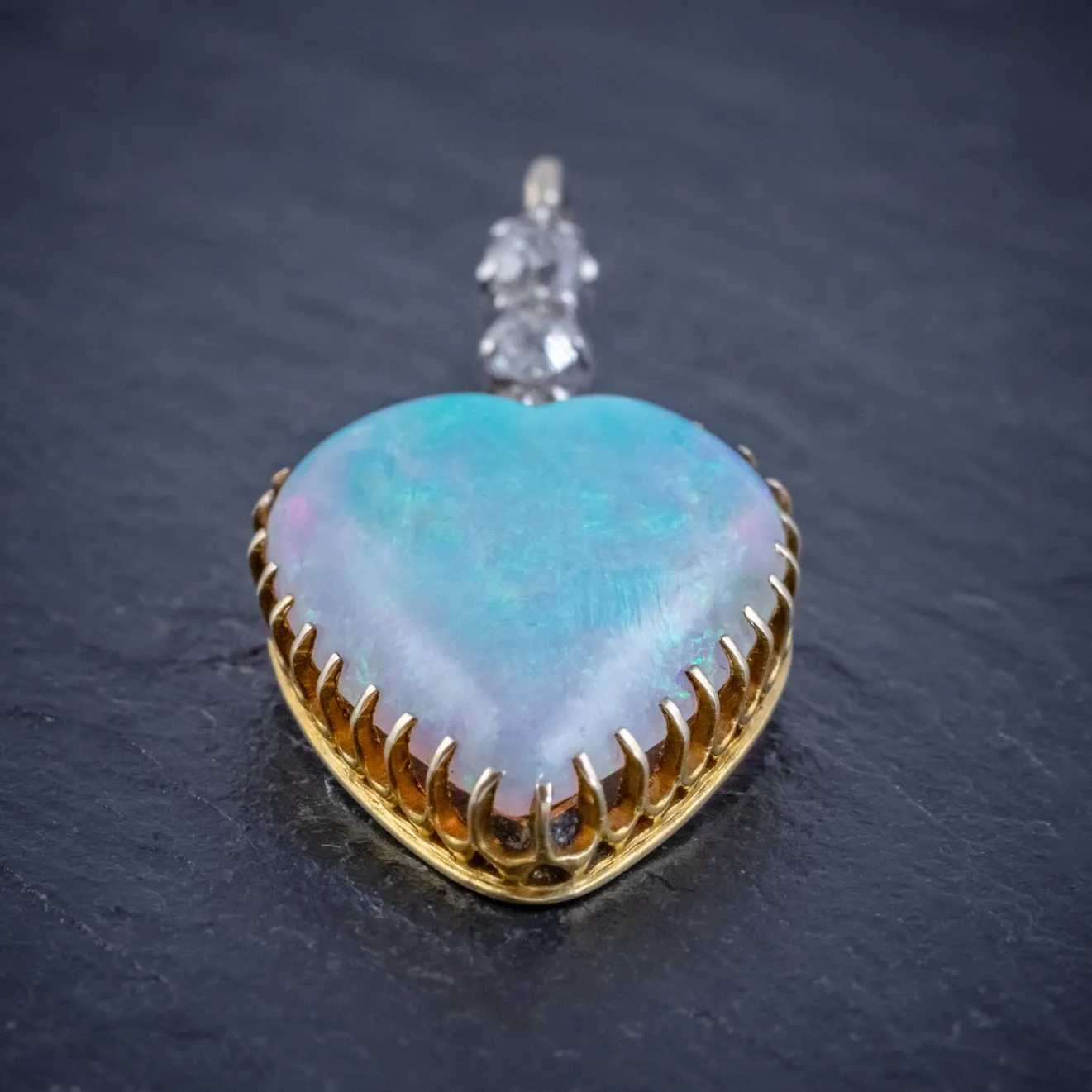 Antique Victorian 8Ct Natural Opal Diamond Heart Pendant Circa 1880