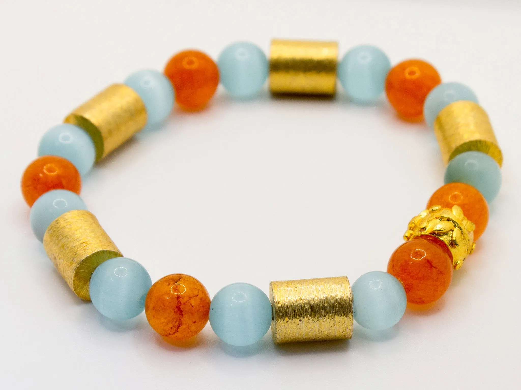 Aquamarine & Carnelian Gemstone 18K Brushed Gold Beaded Bracelet