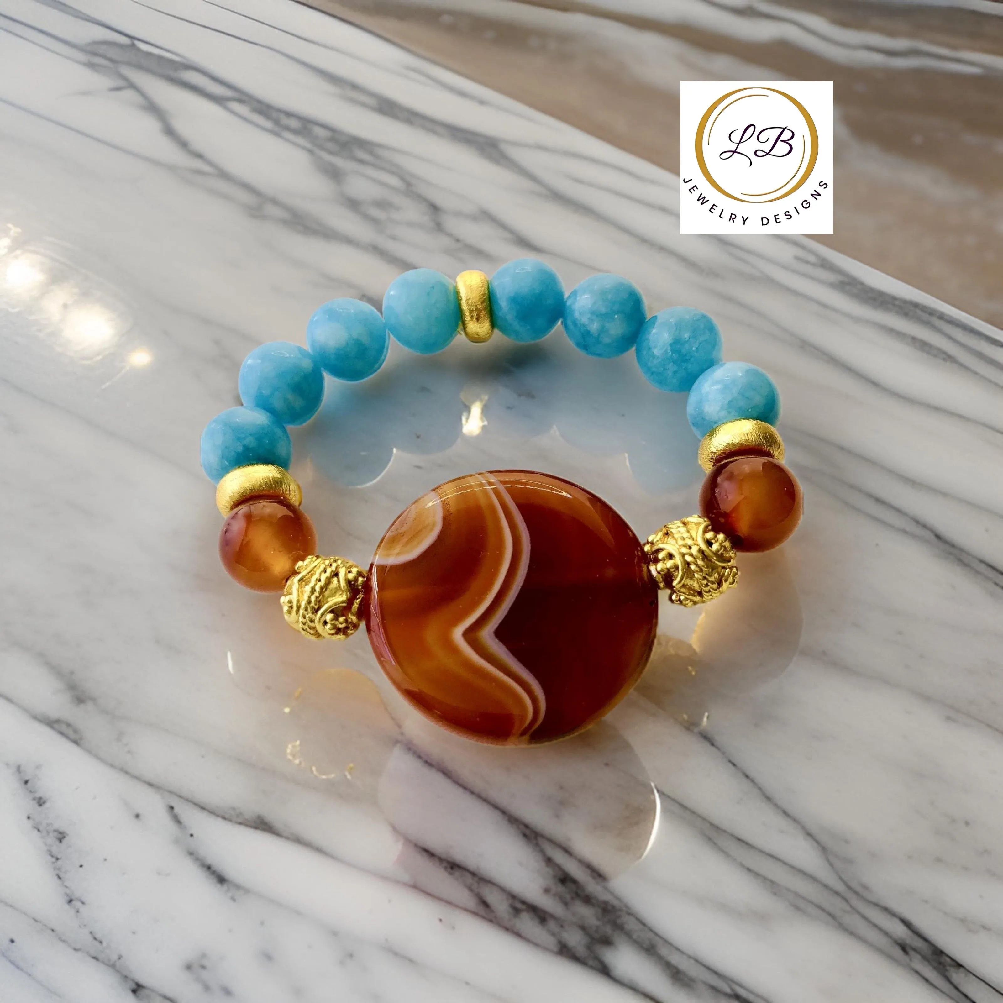 Aquamarine and Carnelian Gemstone Statement Bracelet with Striped Onyx Agate Center