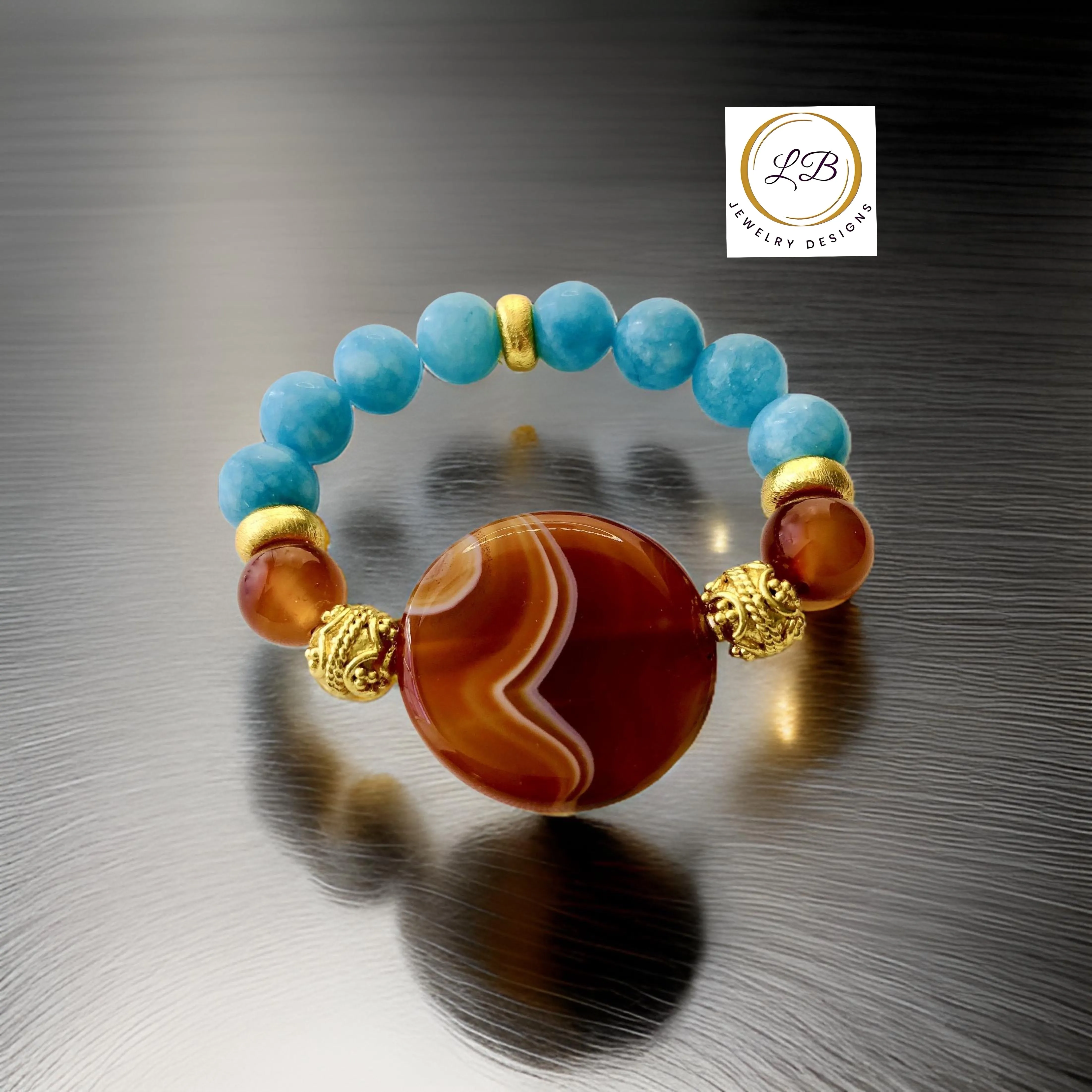 Aquamarine and Carnelian Gemstone Statement Bracelet with Striped Onyx Agate Center