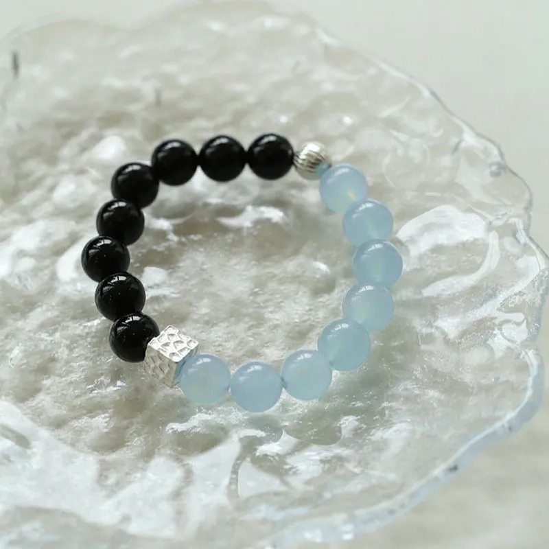 Aquamarine Black Agate Color Block Silver Bracelet