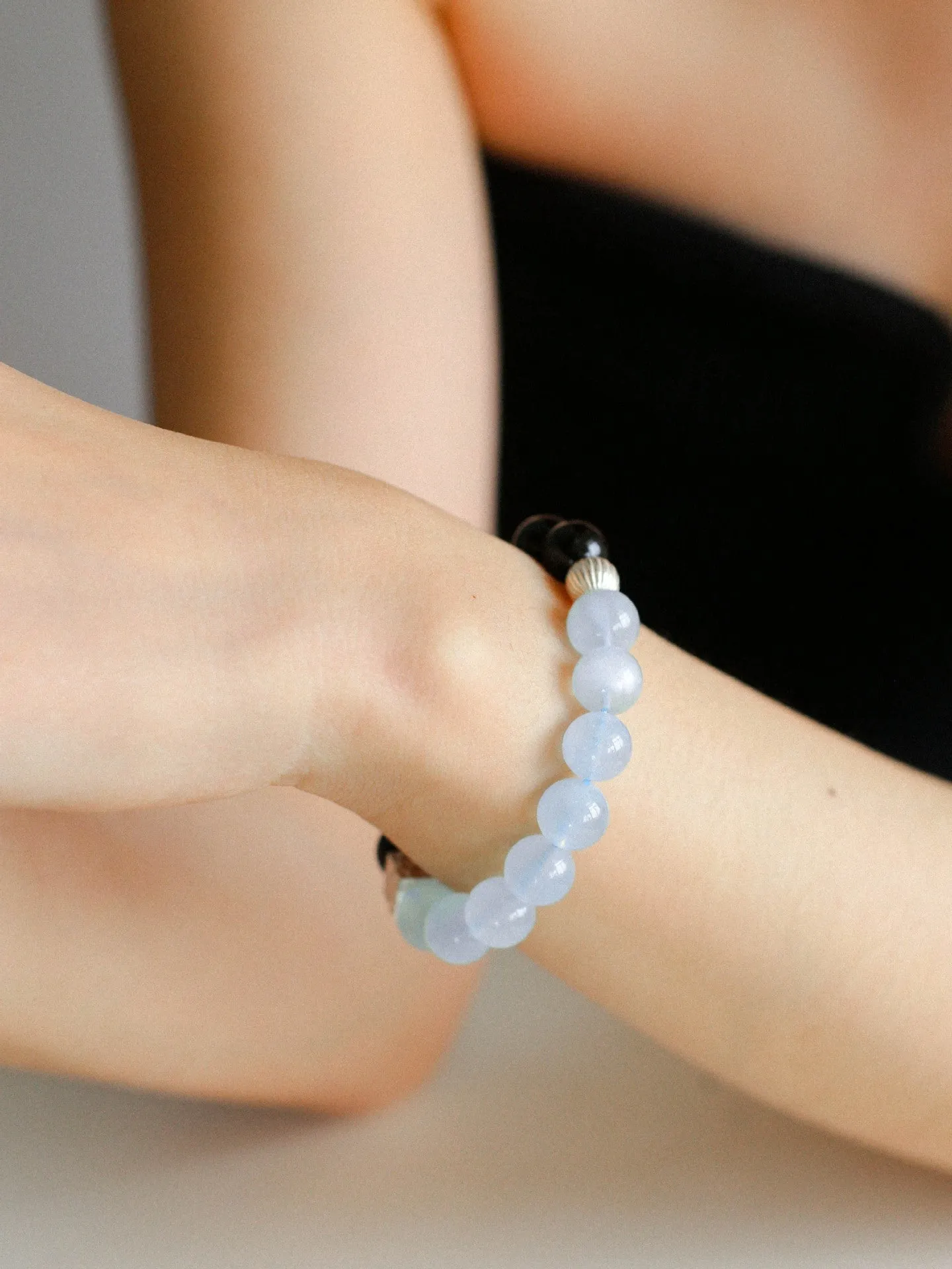 Aquamarine Black Agate Color Block Silver Bracelet