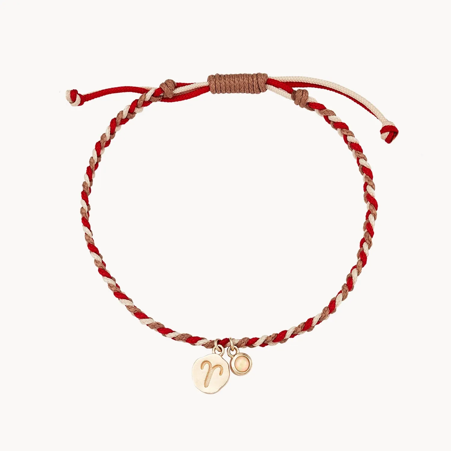 aries zodiac fire element cord bracelet - 10k yellow gold, opal, cord