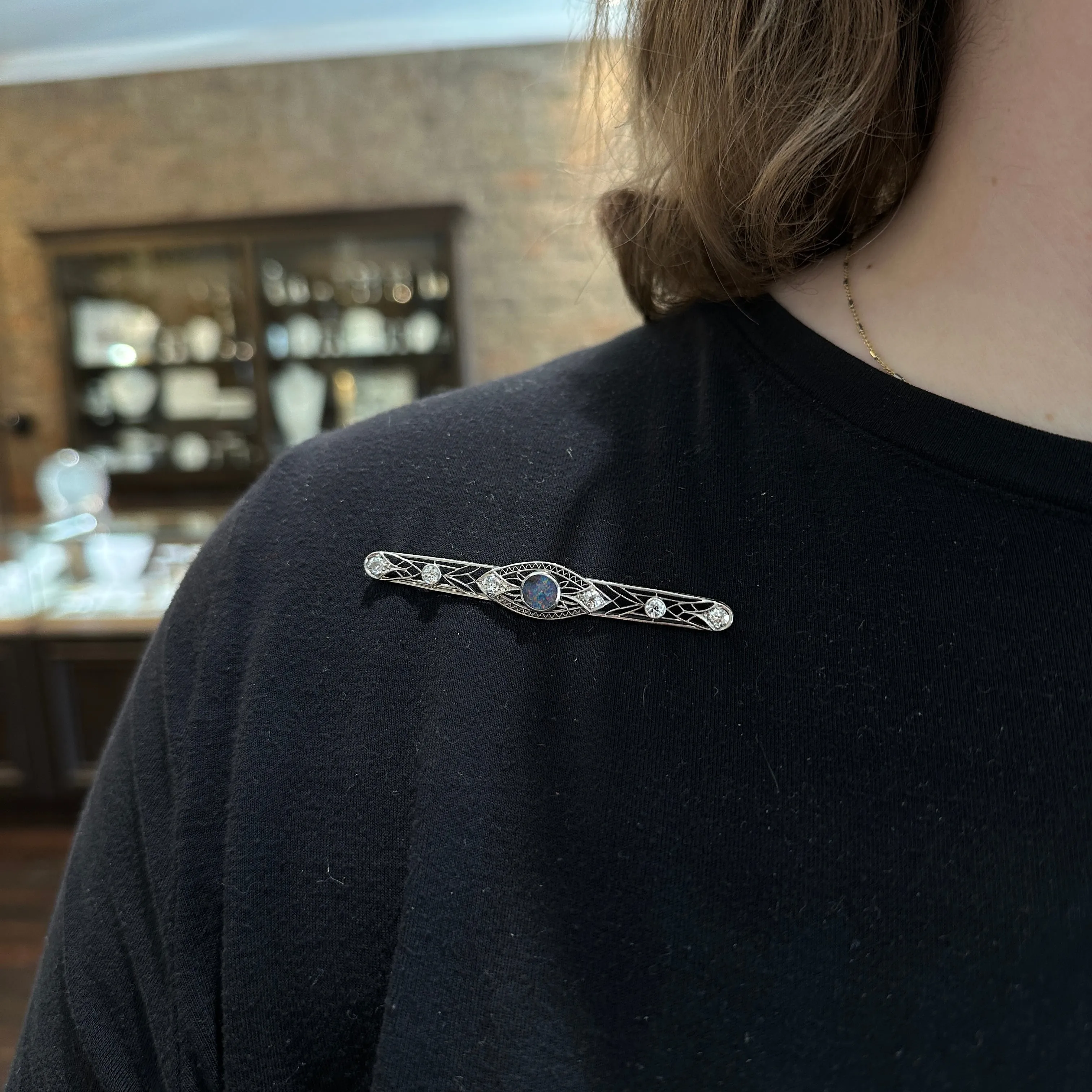 Art Deco Platinum Opal and Diamond Bar Pin